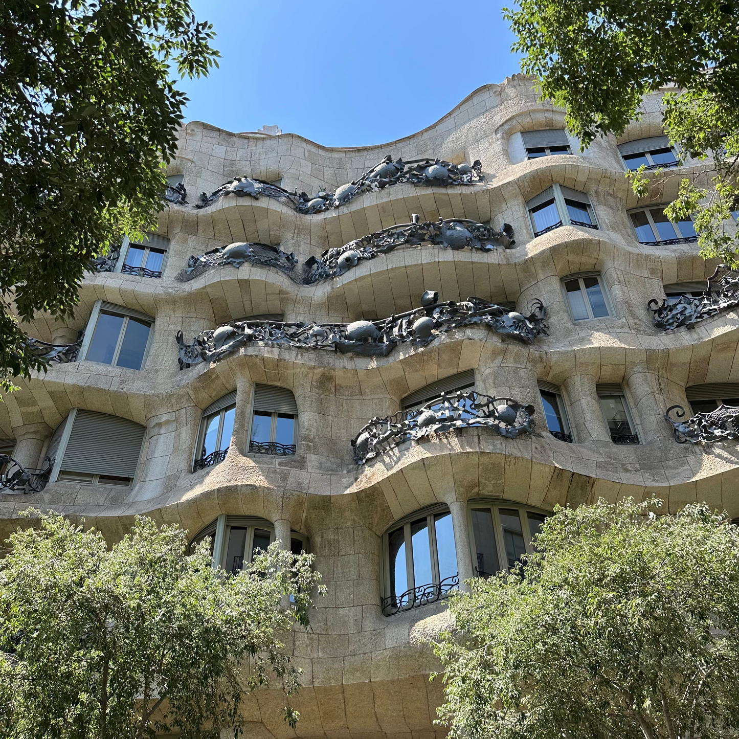 Modernist building with intricate facade design, surrounded by trees under a clear blue sky.